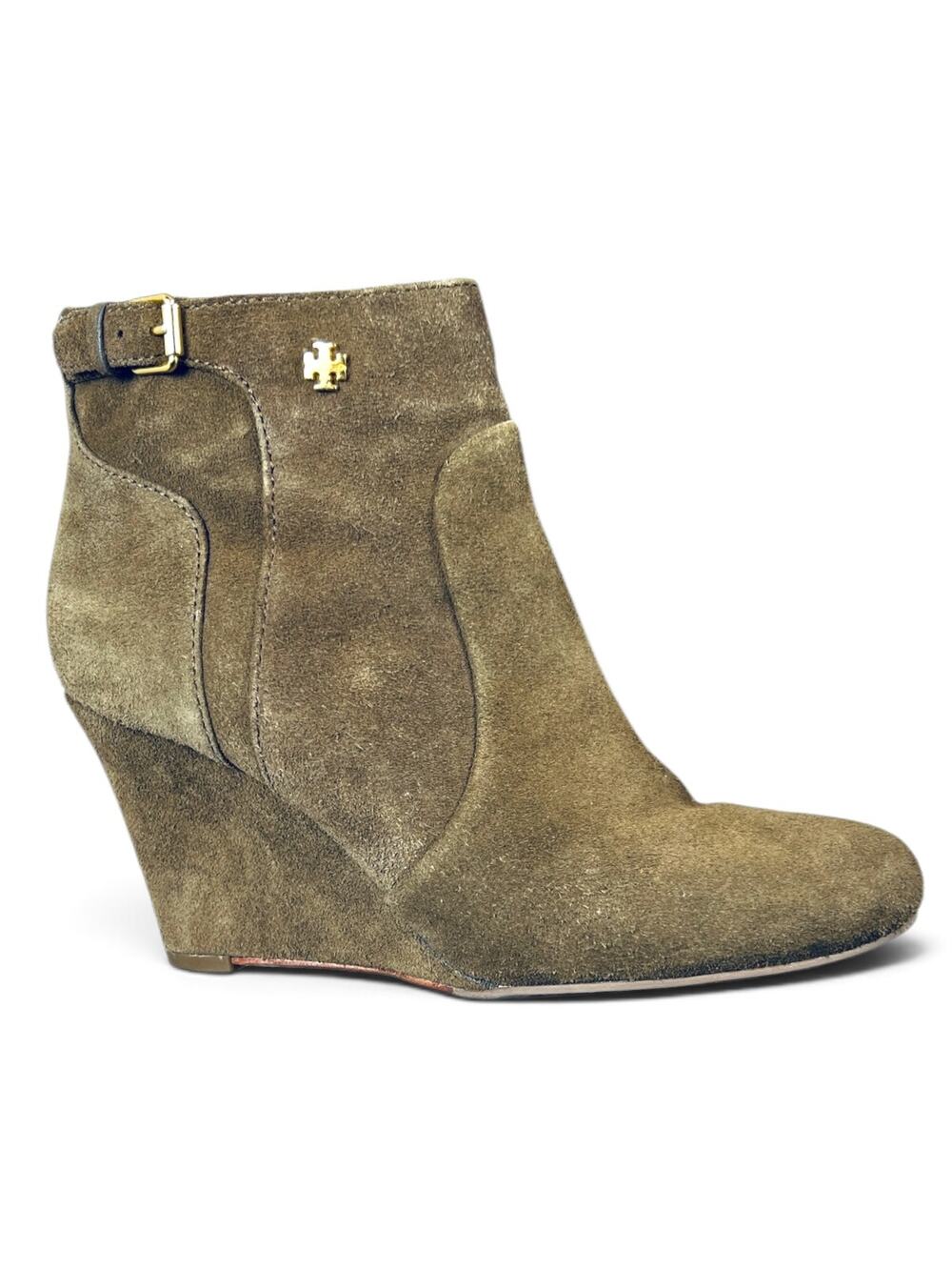 Tory Burch Milan River Rock Suede Wedge Ankle Boots Size 7 Olive Taupe Brown